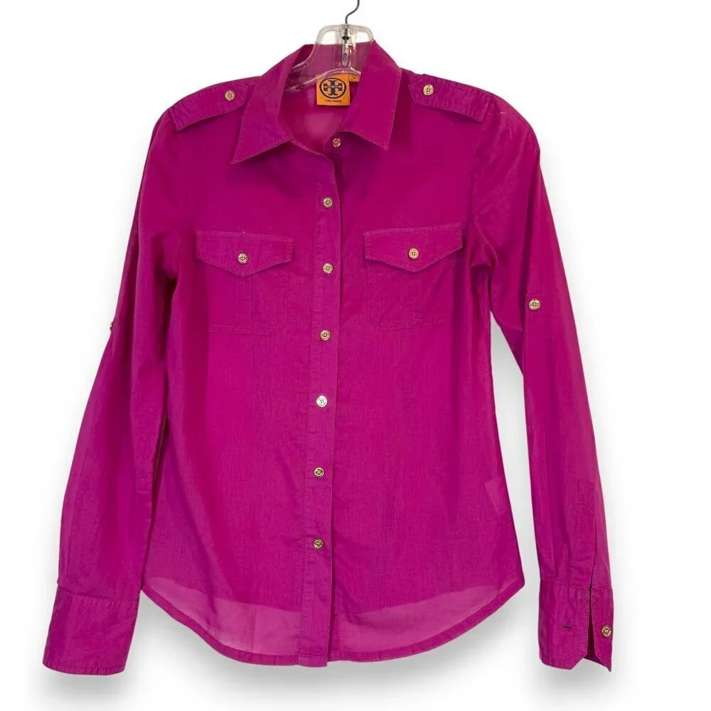 Tory Burch Button Down Shirt Blouse Long Sleeve Pink Purple Retro 2
